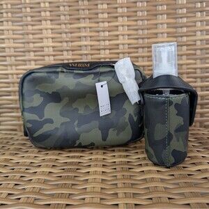White House Black Market Camouflage Makeup Bag Green Black with Zipper & Pockets